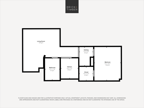 Floor plan for 1 bed, 1 bath, 477 sqft